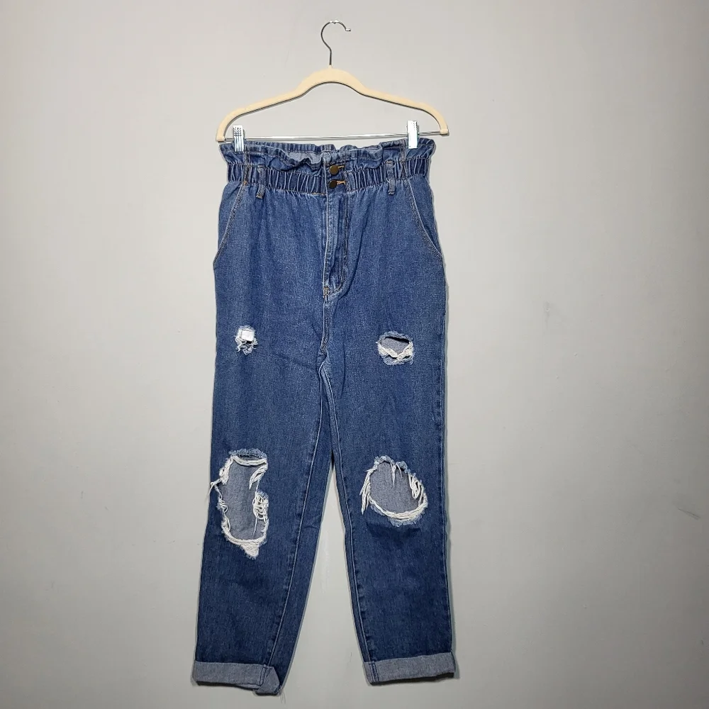 NWOT FOREVER 21 Paper Bag Jeans Size 29 Baggy Stretchy Waist Distresssd Style